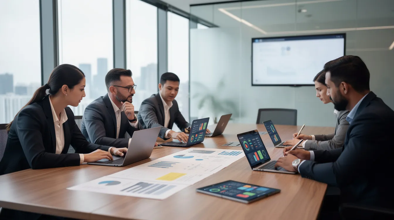A diverse business team collaborates around a modern conference table, reviewing documents and digital screens, highlighting their focus on web design services and digital marketing strategies. The atmosphere reflects teamwork and innovation, essential for achieving their business goals and enhancing their web development projects.