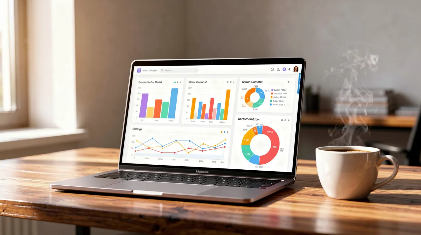 The image shows a laptop with colorful analytics charts displayed on the screen, positioned next to a steaming coffee cup on a rustic wooden desk. This scene suggests a workspace focused on digital marketing and web design, ideal for a Toronto web design company or web development agency.