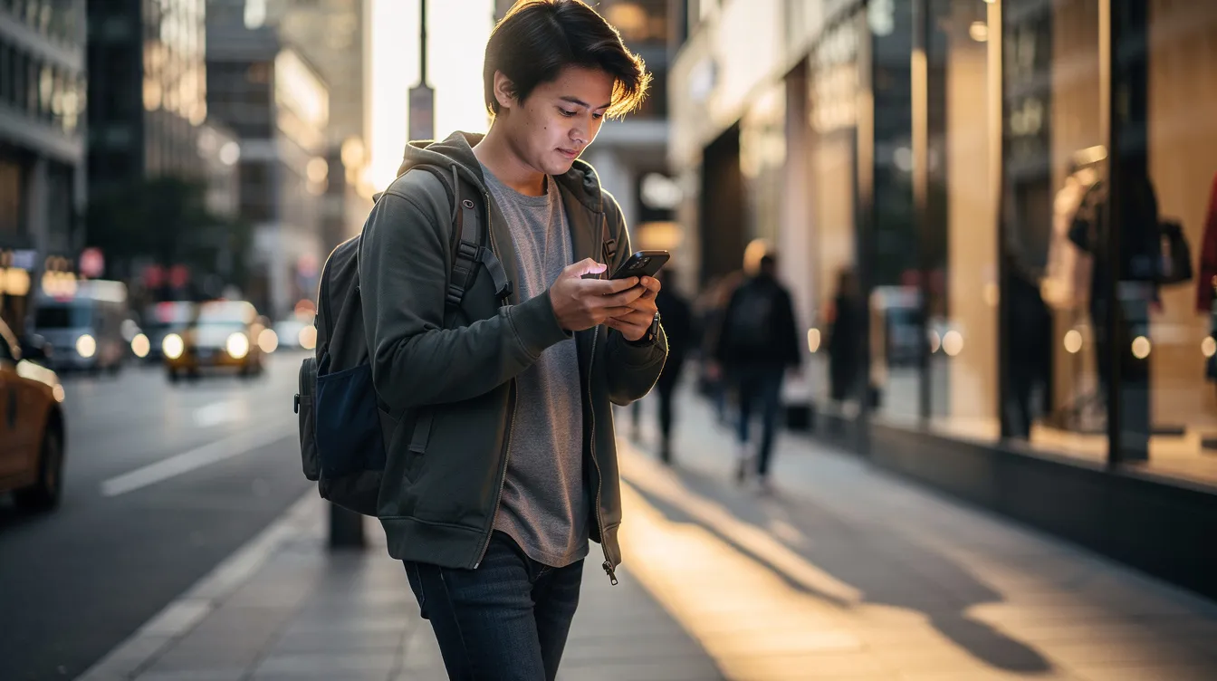 A person is walking on a busy city street while using a smartphone, seemingly engaged in a digital activity. This scene reflects the modern lifestyle in urban areas like Toronto, where mobile devices play a crucial role in daily life and digital marketing strategies.