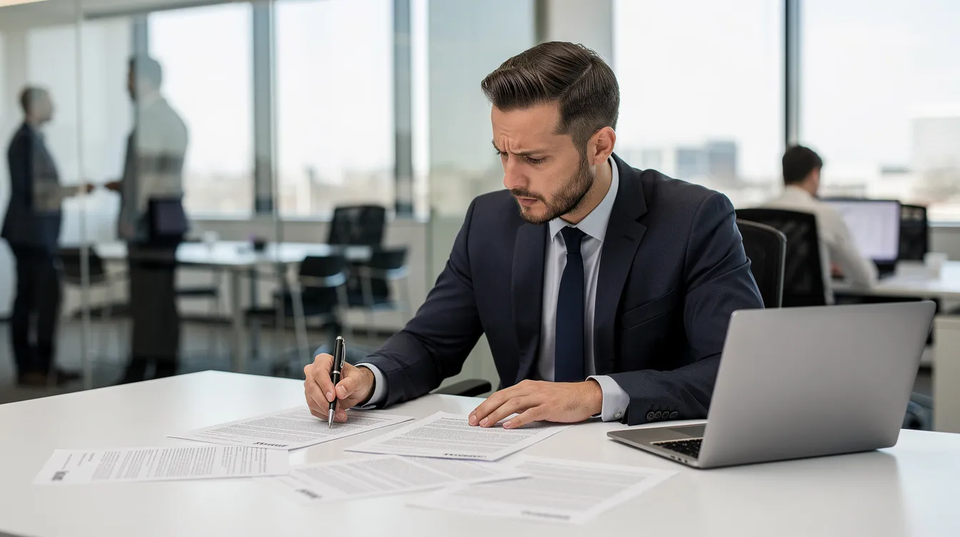 A professional in a business setting is intently reviewing contract documents, displaying a concerned expression that suggests the importance of the task at hand. This scene highlights the critical nature of project management in web design and development, particularly for a law firm navigating complex agreements.