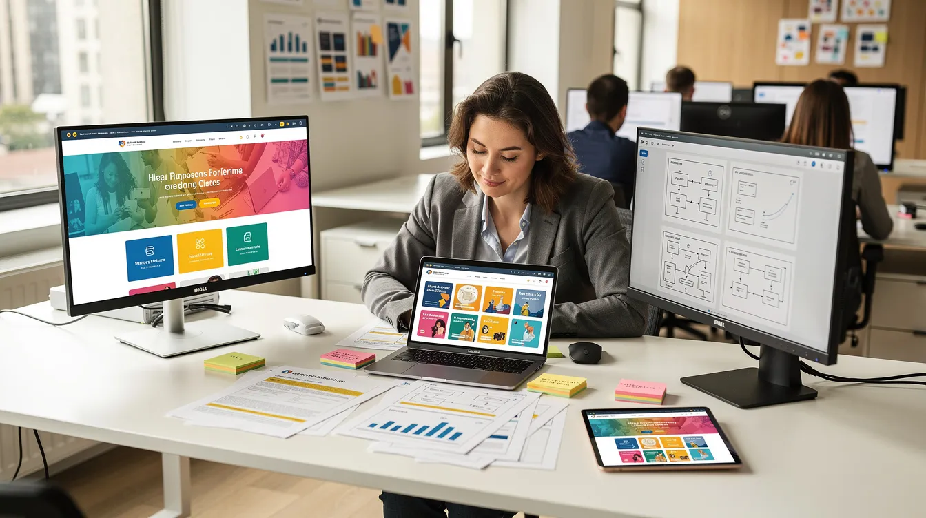 A modern office setting features a marketing professional intently reviewing proposals and website mockups displayed on multiple screens, highlighting the collaborative nature of web design services and digital marketing strategies. The workspace is organized and equipped with the latest technology, reflecting a focus on creating visually appealing and user-friendly websites for clients.