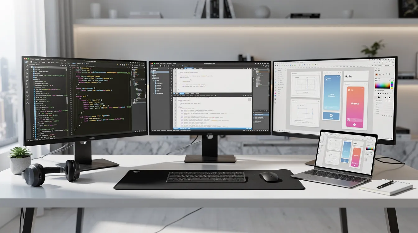 The image depicts a modern workspace featuring multiple computer monitors displaying lines of code and design files, reflecting the collaborative environment of a web design agency. This setup is ideal for web development projects, showcasing the creativity and technical expertise typical of a Toronto web design company.