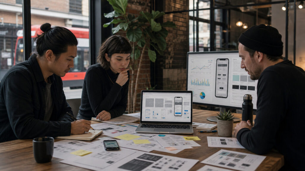 Team collaborating on web design in modern office