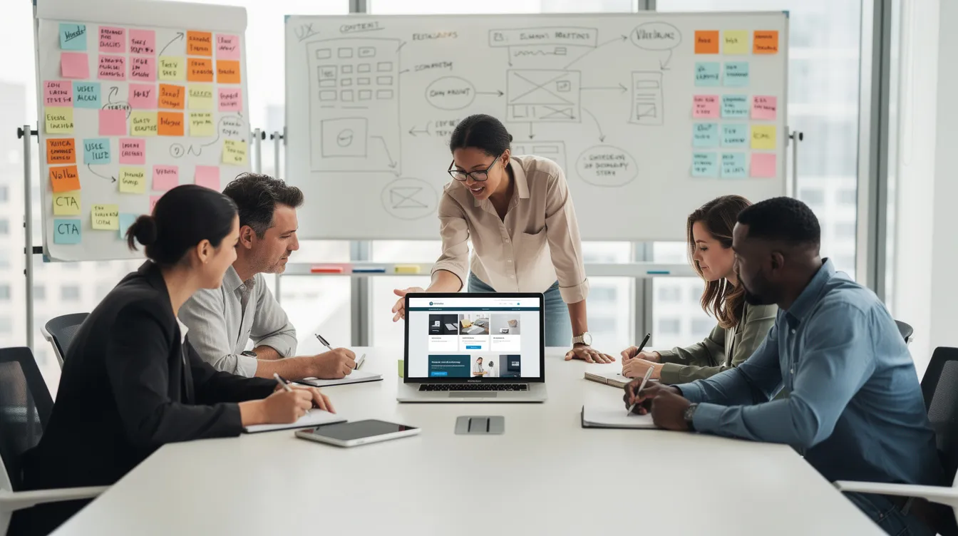 A client and an agency team are collaborating in a meeting room, reviewing a website prototype displayed on a laptop, surrounded by whiteboards and sticky notes. This scene highlights the importance of effective project management and client feedback in the web development process, showcasing a partnership typical of top web development companies in Canada.