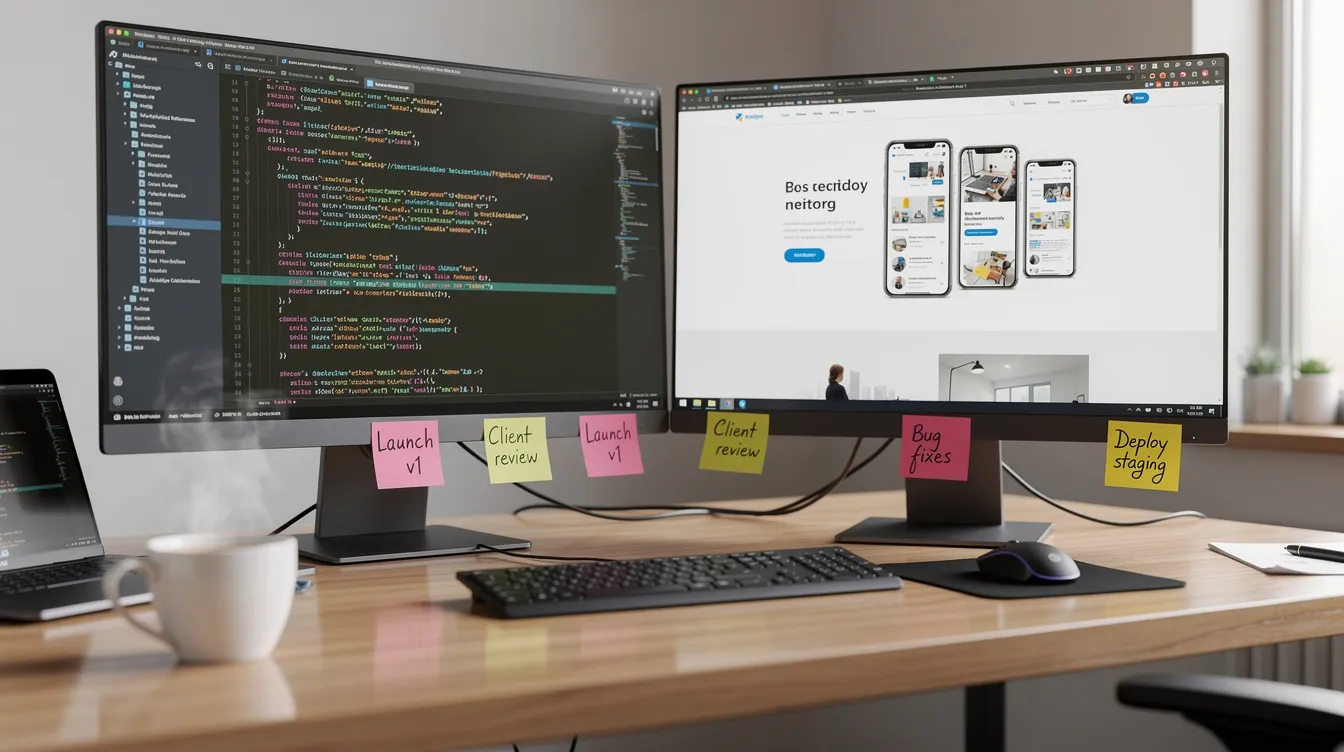 The image depicts a web developer's desk featuring dual monitors displaying lines of code alongside a website design, a coffee cup, and sticky notes outlining project milestones. This setup reflects the organized environment typical of a web development company, showcasing the blend of technical expertise and project management essential for successful web development projects.
