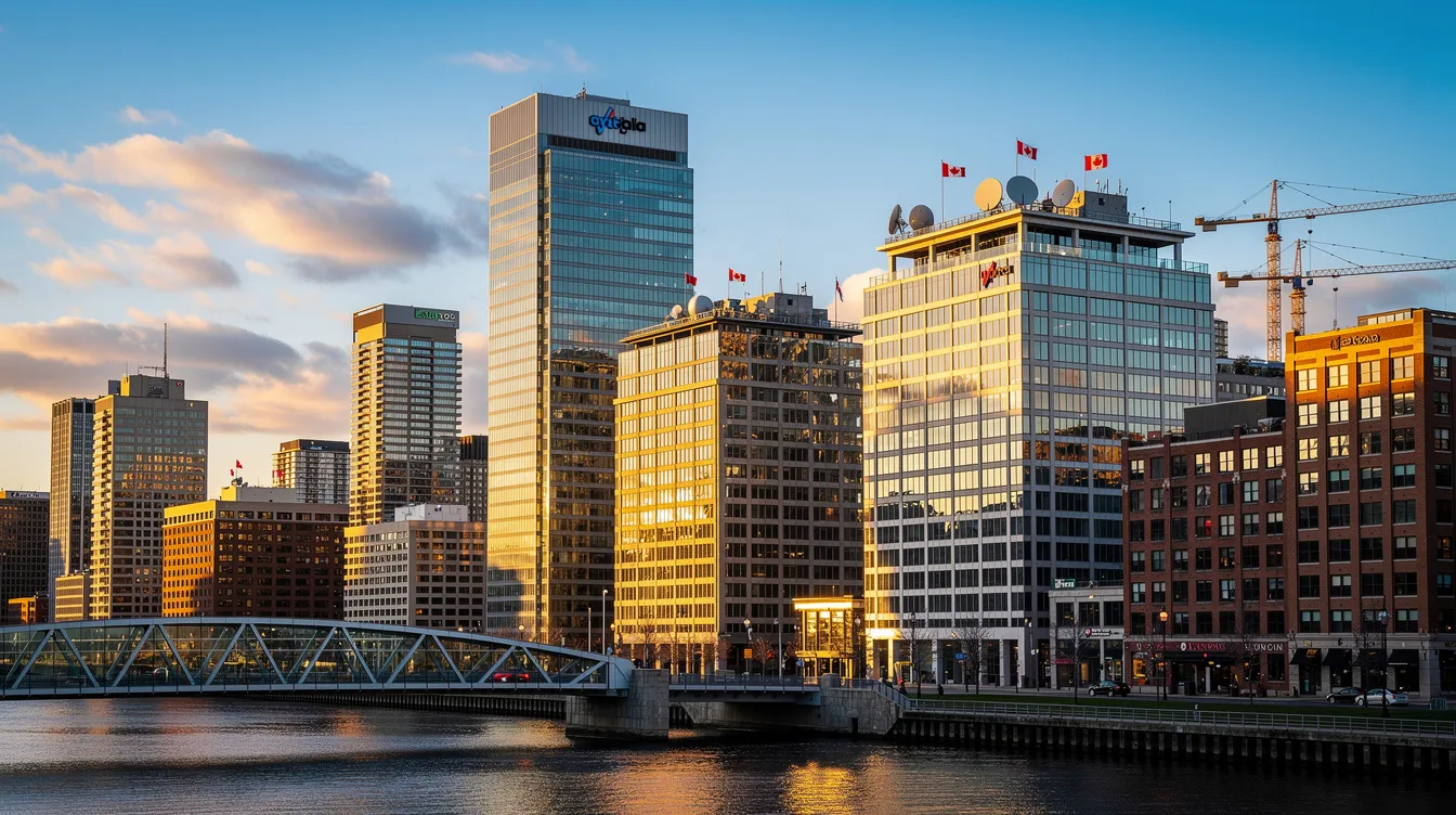 The image depicts a modern city skyline featuring sleek glass office towers that reflect sunlight, symbolizing the vibrant technology industry hubs in Canada. This skyline represents the best web development companies and agencies in Canada, showcasing their role in the digital marketing and custom software development landscape.