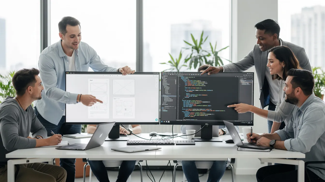 A diverse team of developers and designers collaborates in a bright, modern office, surrounded by large monitors displaying intricate website wireframes and lines of code, embodying the essence of top web development companies. Their teamwork highlights the importance of effective project management and technical expertise in delivering custom web development solutions.