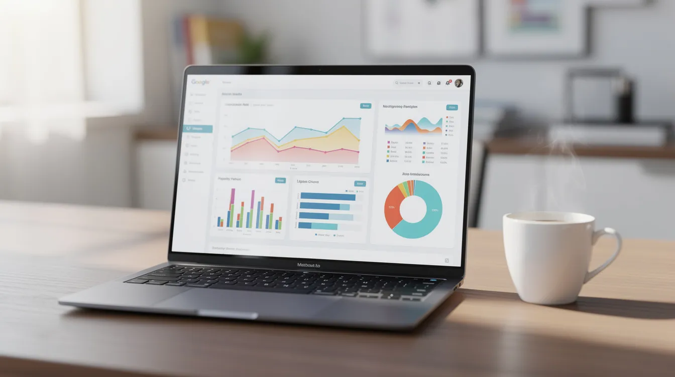 The image shows a laptop on a desk displaying various analytics charts and graphs, with a coffee cup placed beside it. This setup suggests a focus on monitoring customer data and performance metrics, which are crucial for successful ecommerce migration to a new Shopify store.