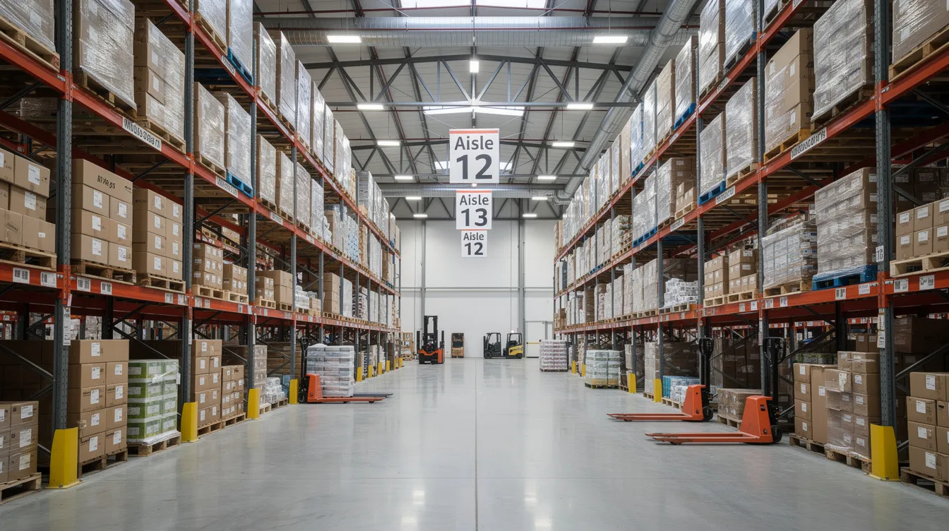 The image depicts the interior of a large wholesale warehouse, featuring neatly organized product shelving and a well-maintained inventory system. This efficient layout supports businesses utilizing Shopify Plus for their online sales, highlighting the importance of streamlined operations and effective inventory management.