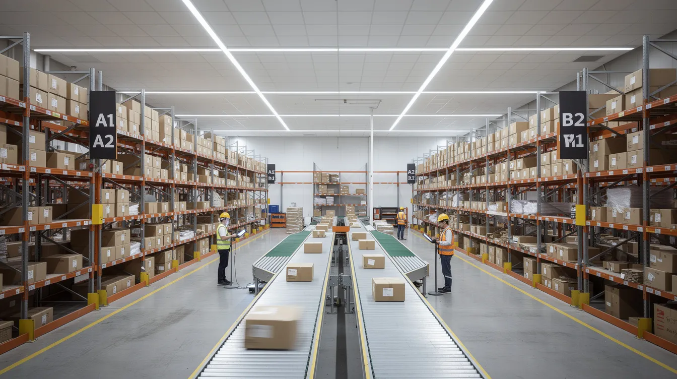 The image depicts a modern warehouse fulfillment center filled with tall shelving units stocked with packages, while workers efficiently process orders in a busy environment. This setting highlights the logistics involved in online sales, which can be managed through platforms like Shopify Plus, offering features such as advanced API access and checkout customization for enhanced merchant success.