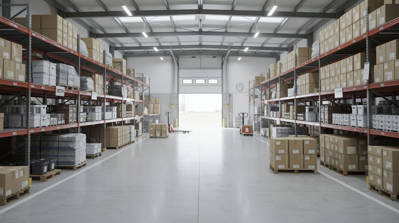 The image depicts a modern warehouse featuring neatly organized shelving filled with packages ready for shipment, highlighting the efficiency crucial for ecommerce businesses. This well-structured environment supports a successful migration process, ensuring a smooth transition for online stores like a new Shopify store.