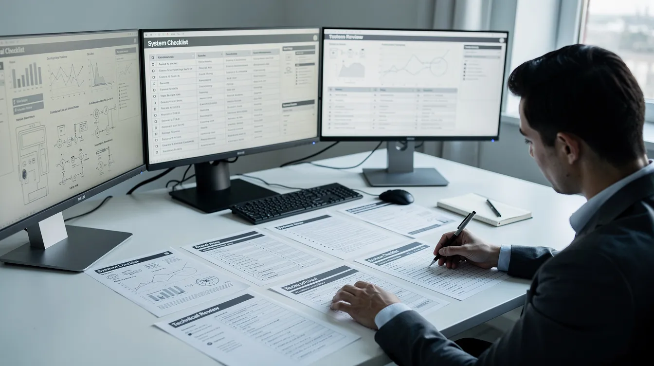 The image shows a person intently reviewing technical documents and checklists at a desk equipped with multiple monitors, likely focusing on the data migration process for a new Shopify store. This setup suggests an emphasis on ensuring a successful migration while monitoring performance post-launch for an ecommerce platform.