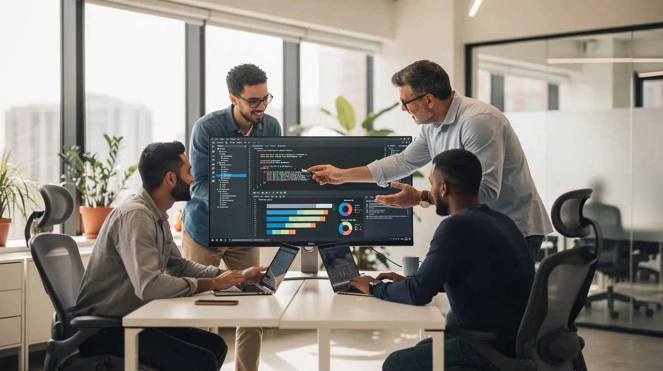 A team of developers is collaborating around a large monitor in a modern office, discussing the migration process to a new Shopify store. They are focused on the data transfer and mapping of customer records to ensure a successful migration for their ecommerce platform.