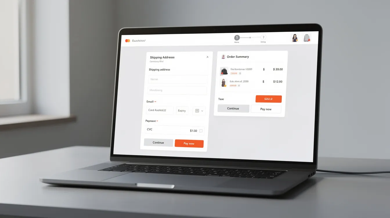 The image features a laptop computer showcasing a sleek and modern ecommerce checkout interface, illustrating the checkout experience that Shopify Plus offers to merchants. This interface is designed for efficiency, highlighting features such as checkout customization and integration with various payment processing options.