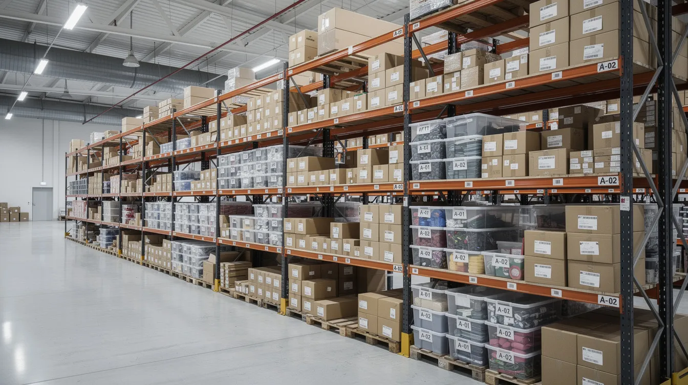The image shows a well-organized product inventory on metal shelving within a bright distribution center, highlighting a systematic approach to managing product data for an ecommerce store. This setup is essential for the efficient migration process to a new Shopify store, ensuring easy access to product listings and customer records.