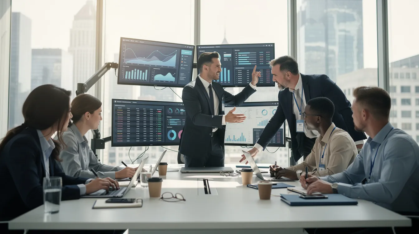 The image depicts a professional team in a modern office setting, engaged in a collaborative discussion while reviewing data displayed on multiple monitors. They are strategizing on aspects such as Shopify Plus plan pricing and transaction fees, highlighting their focus on optimizing digital commerce features for their business model.