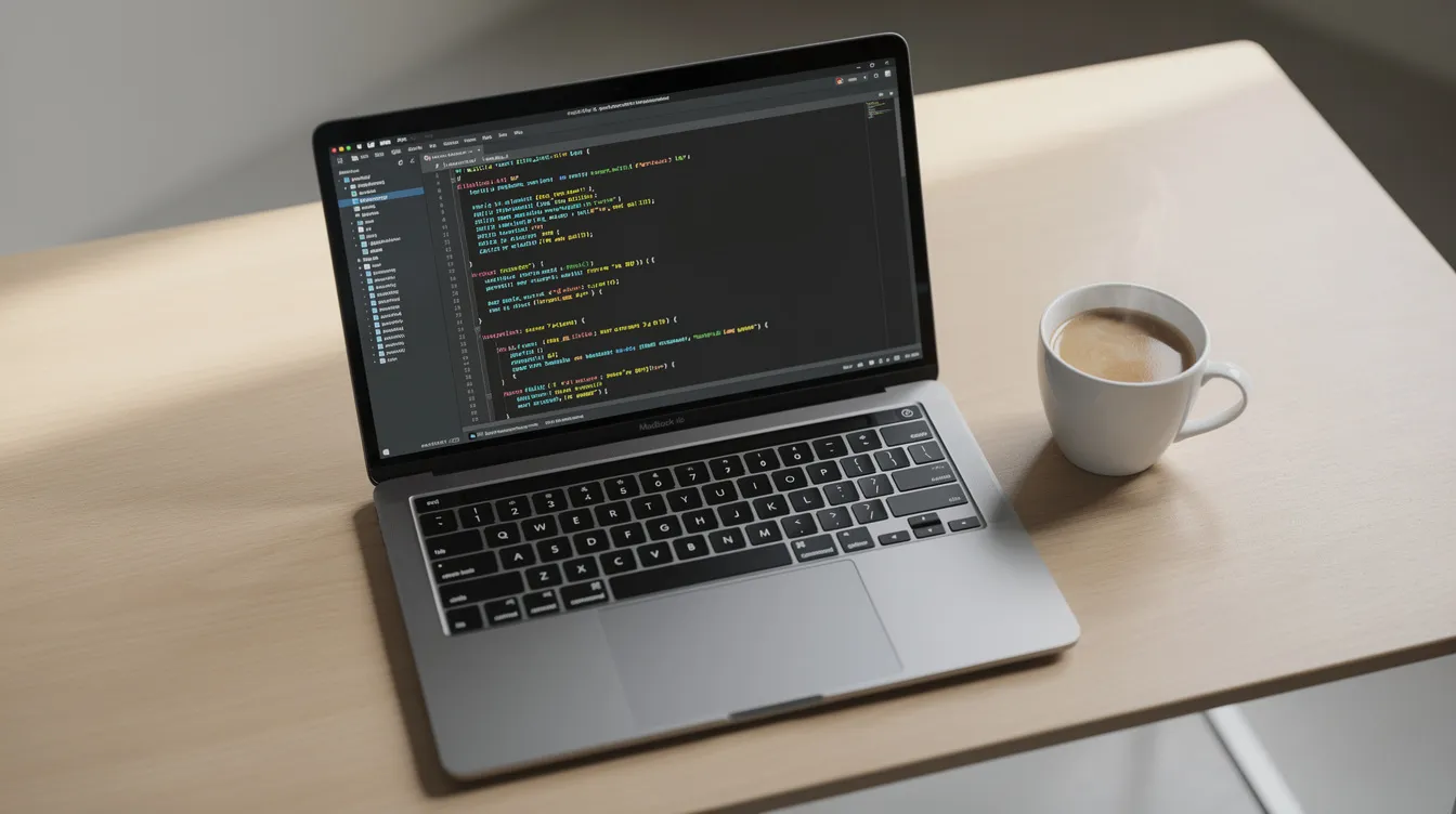 A laptop displaying lines of code is positioned on a clean desk, accompanied by a coffee cup, all captured from an overhead angle with soft natural lighting. This setup reflects a focused workspace ideal for app developers working on Shopify store speed optimization and enhancing website performance.
