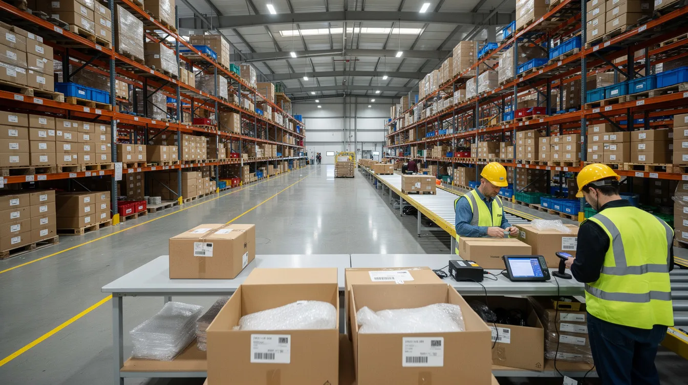 The image depicts a modern warehouse featuring neatly organized shelving filled with shipping boxes, which are being prepared for dispatch. This efficient setup reflects the logistics often associated with online stores, such as those migrating from Magento to Shopify, ensuring a smooth shipping process for customer orders.