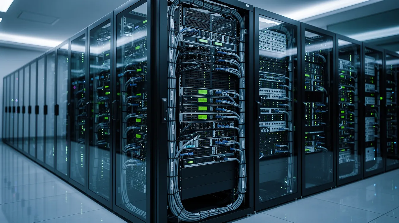 The image shows a modern server rack filled with high-tech hardware inside a data center, illuminated by cool blue ambient lighting. The cables are neatly organized, emphasizing a clean and efficient setup that supports ecommerce development services and online stores.