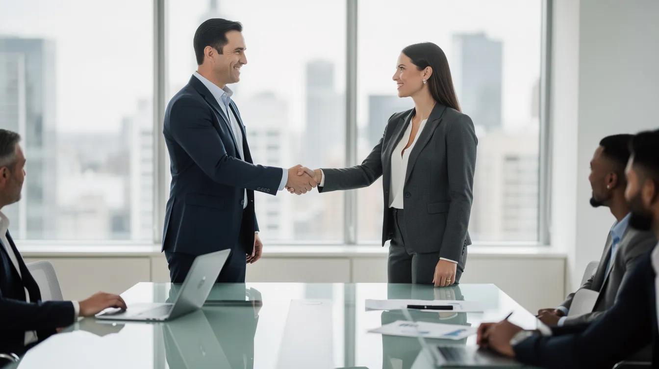 The image depicts two professionals shaking hands in a modern office, symbolizing a business partnership agreement. This collaboration could represent a successful migration from a Magento store to a new Shopify store, emphasizing the importance of strong business relationships in the migration process.