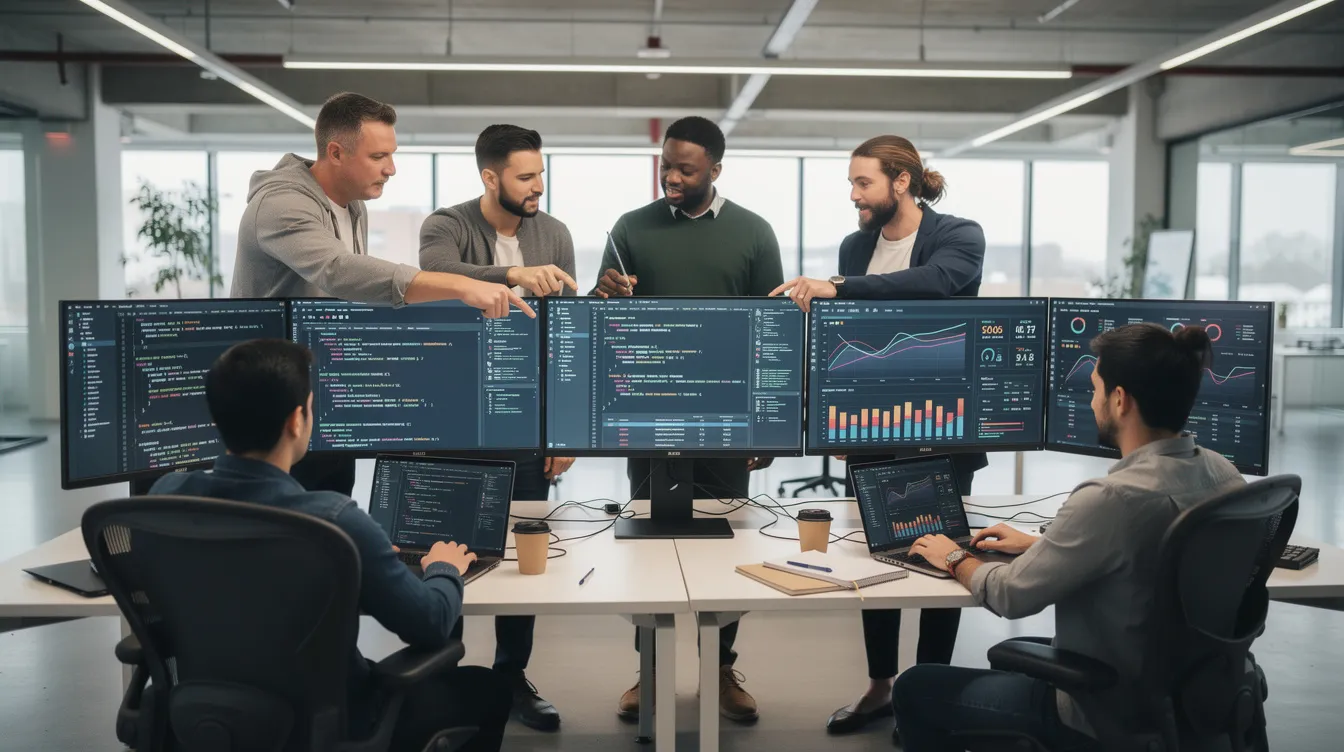The image shows a diverse team of developers collaborating around multiple monitors, which display lines of code and analytics dashboards related to an online store. They are engaged in discussions about the migration process from Magento to Shopify, focusing on aspects like data integrity and customer accounts.