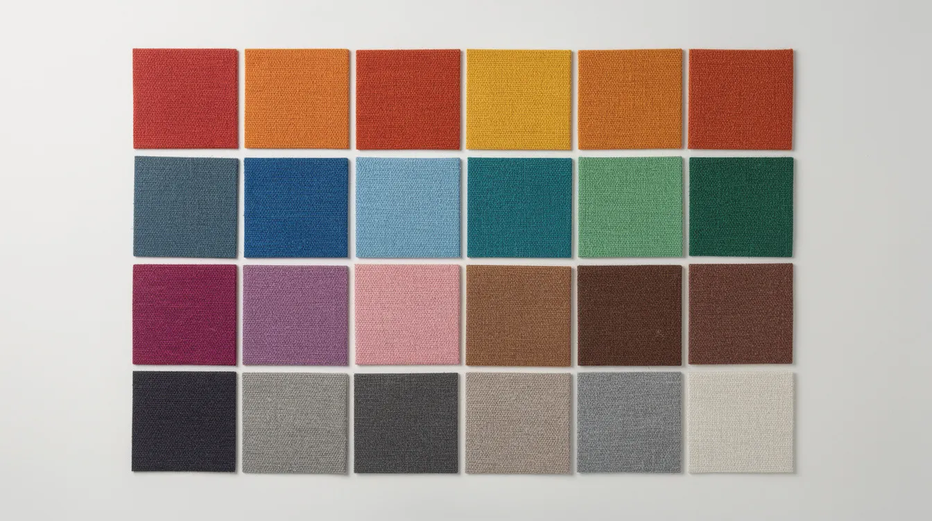 The image features a vibrant array of fabric swatches meticulously arranged in a grid pattern, showcasing various product variants and options. This colorful display could symbolize the diverse choices available for an online store, such as those found in a new Shopify store or during the migration process from Magento to Shopify.