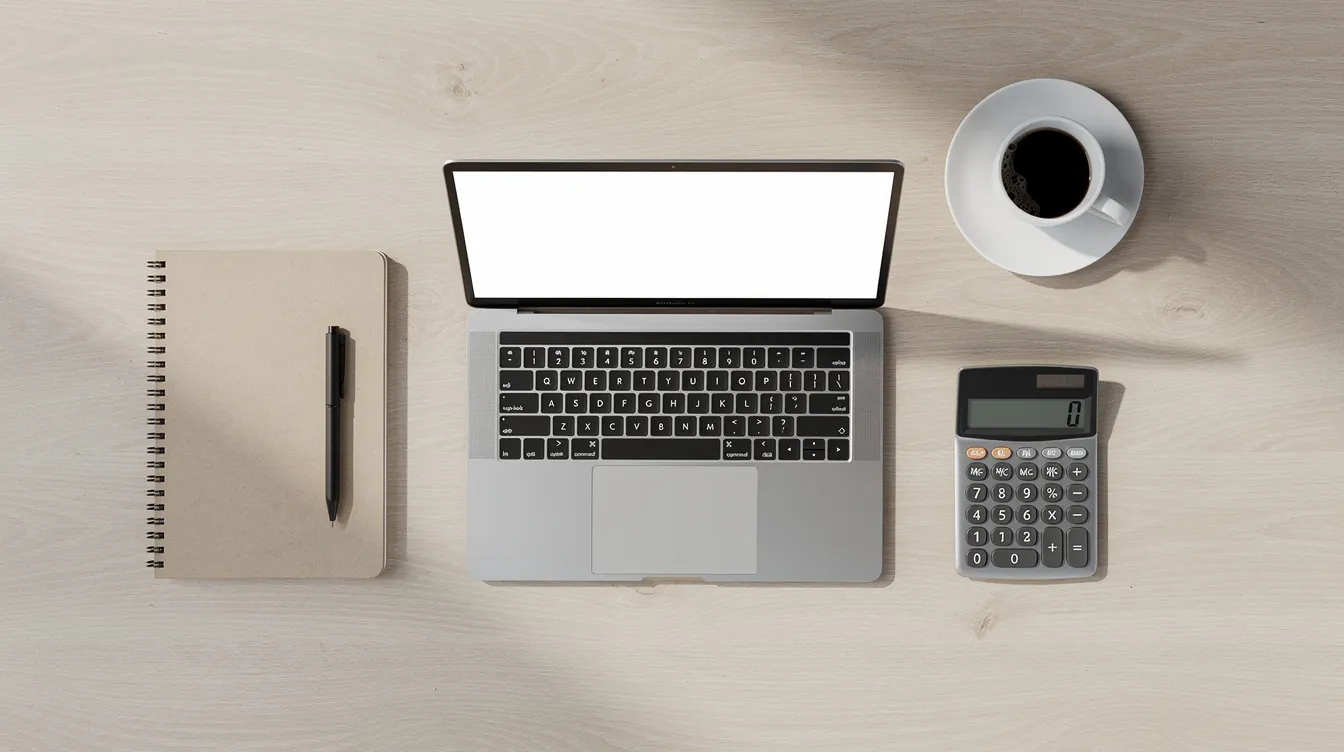 An overhead view of a modern, organized desk featuring a laptop, calculator, notebook, and a coffee cup on a light wood surface, ideal for anyone involved in ecommerce development services. This clean setup reflects a user-friendly workspace that supports online store management and boosts productivity for ecommerce business owners.