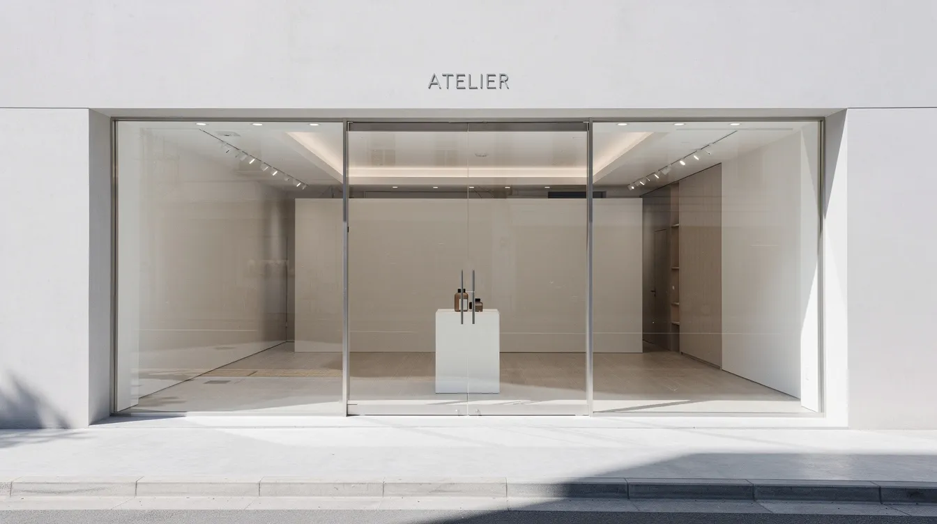 The image shows a minimalist retail storefront characterized by clean lines and large glass windows, allowing bright natural light to illuminate a single product display. This design reflects the principles of effective online store themes, emphasizing simplicity and clarity for optimal user interaction.