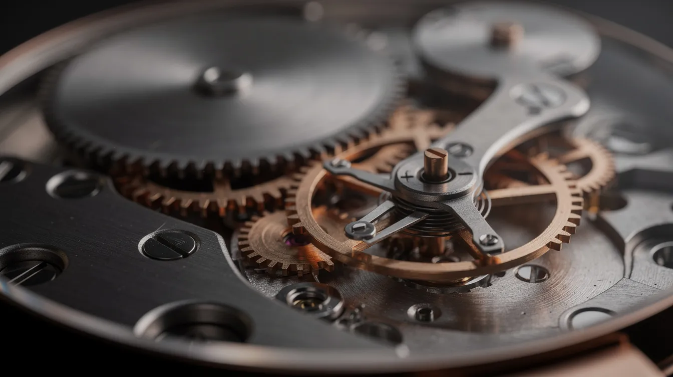 This close-up macro photograph showcases a dark mechanical wristwatch gear train and escapement, highlighting the intricate precision engineering with subtle copper and steel tones. The shallow depth of field emphasizes the fine details of the watch components, reflecting the craftsmanship involved in creating such a timepiece.