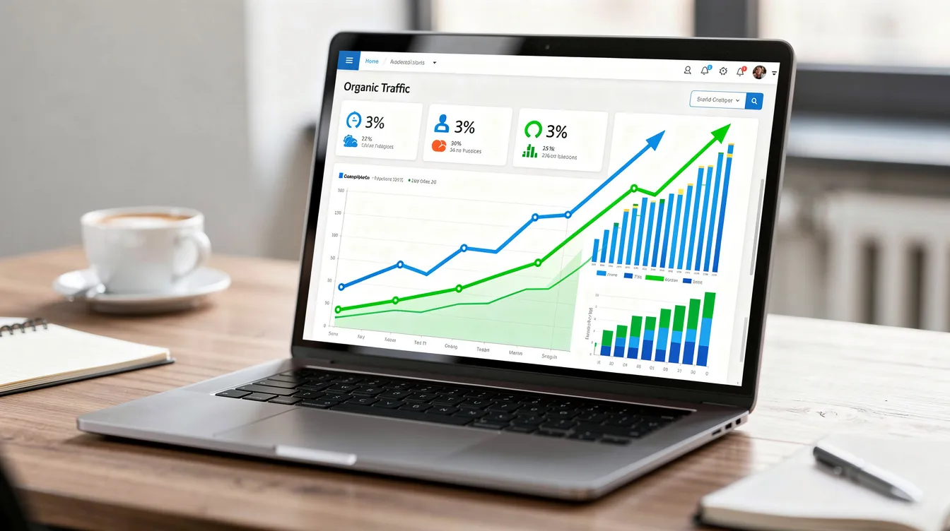 The image depicts a laptop screen displaying web analytics graphs with upward trending lines, indicating significant organic traffic growth for an online store. This suggests successful data migration from a Magento store to a new Shopify store, highlighting the effectiveness of the migration process.
