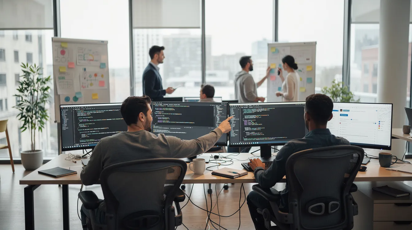 A diverse team of Shopify developers collaborates at their workstations, each equipped with dual monitors, in a modern office setting. They are engaged in discussions and coding, focusing on Shopify development services and working towards enhancing user experience for online stores.