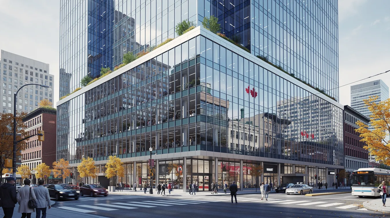 The image features a sleek, modern glass-walled office building located in a bustling Canadian downtown district, reflecting the vibrant city life around it. The structure symbolizes the essence of established Canadian small businesses, highlighting the importance of professional websites and custom designs in today's competitive market.