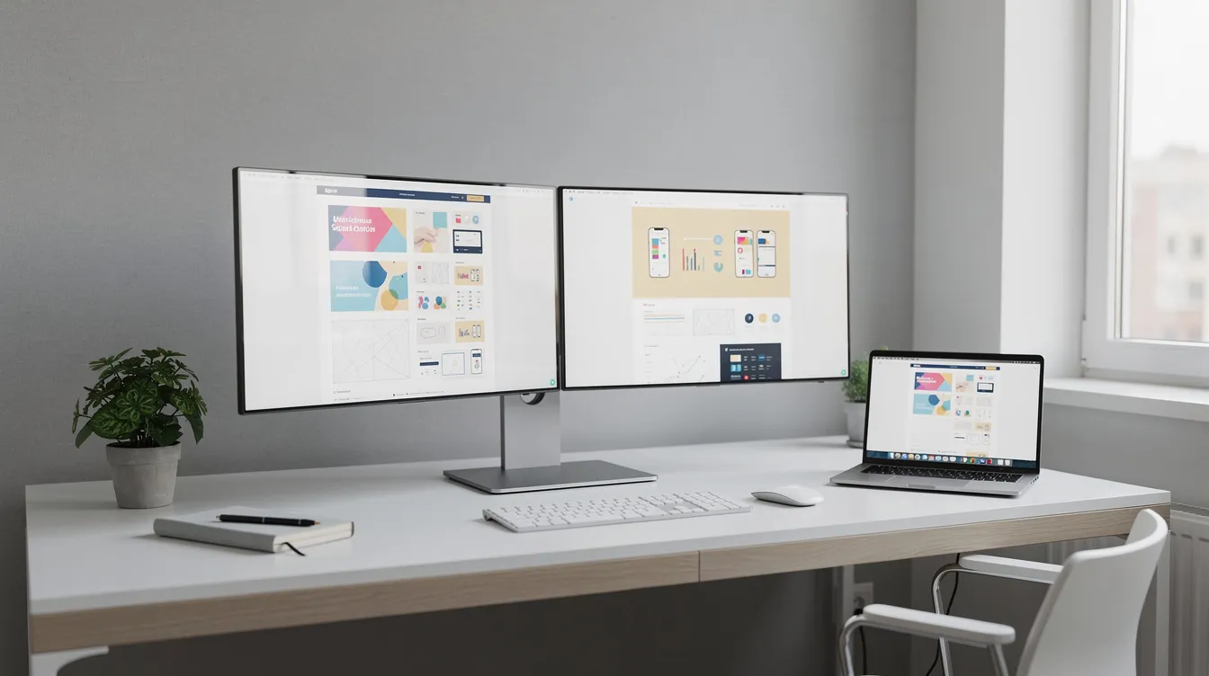 The image depicts a modern workspace featuring dual monitors displaying website design mockups alongside a laptop on a tidy desk, ideal for web designers working on custom websites for small businesses. This setup emphasizes the importance of professional web design and ongoing maintenance costs for established Canadian small businesses.