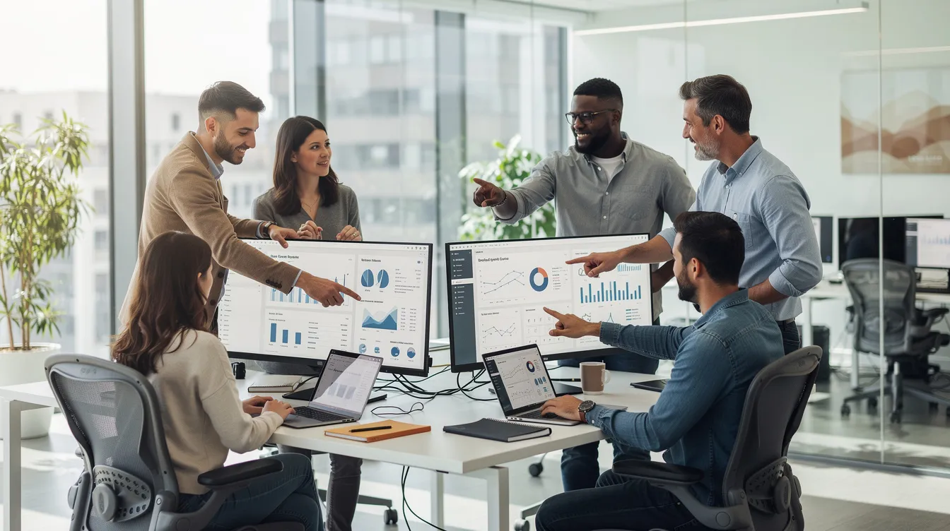 A collaborative team of web developers is engaged in discussions around multiple monitors in a bright, modern office, showcasing a dynamic development process. The environment reflects a focus on digital solutions and agile methodologies, essential for delivering high-performing websites and mobile applications tailored to business needs.