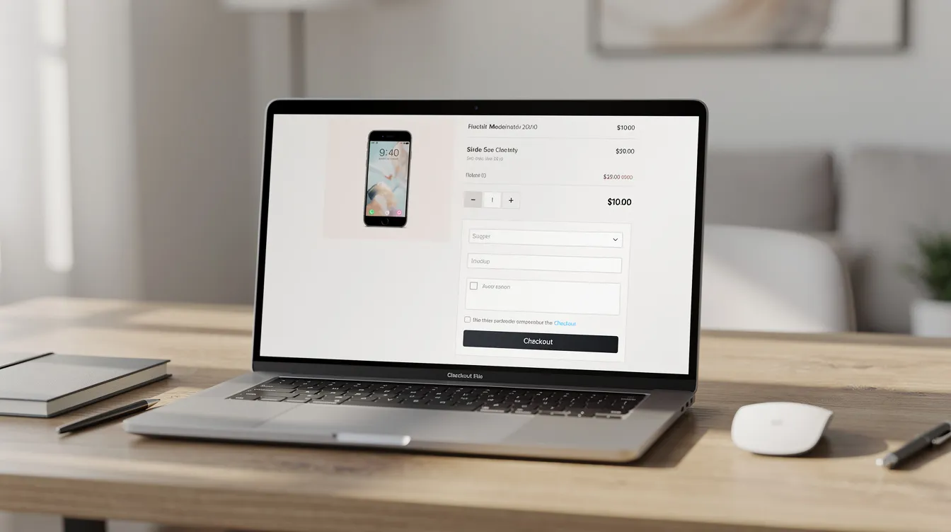 A laptop sits on a desk with an open e-commerce product page, showcasing a clean and user-friendly checkout interface designed to enhance the online shopping experience. This setup reflects the technical expertise of a Shopify development team, emphasizing the importance of seamless integration and customer satisfaction in e-commerce development.