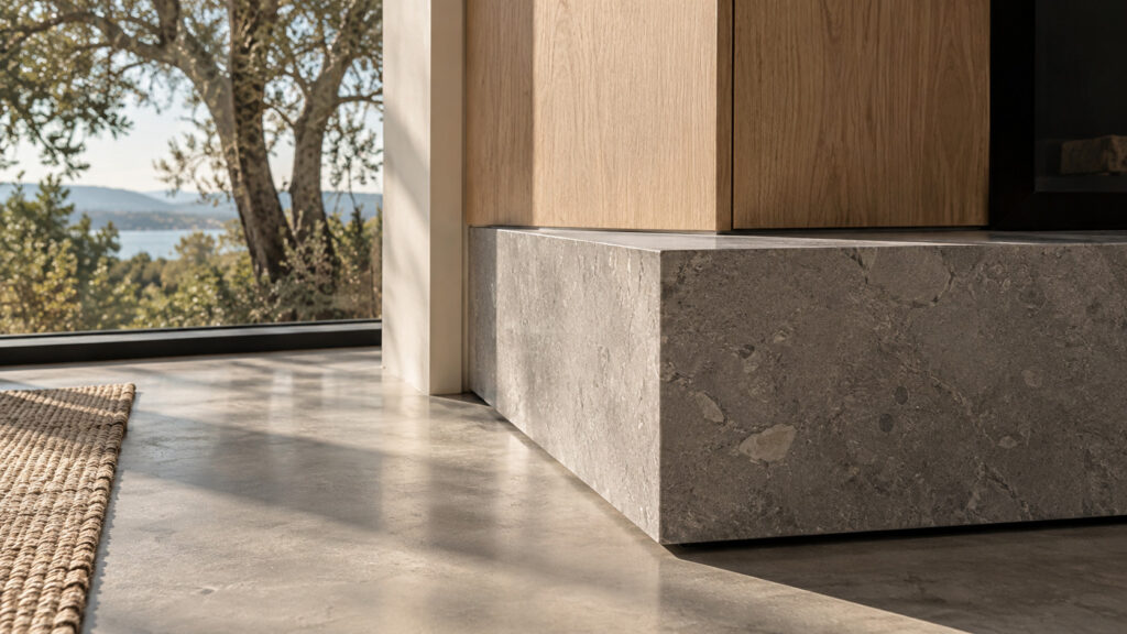Stone kitchen island beside window overlooking trees and water