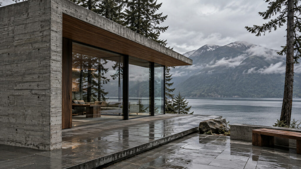 Modern concrete cabin overlooking misty mountain lake