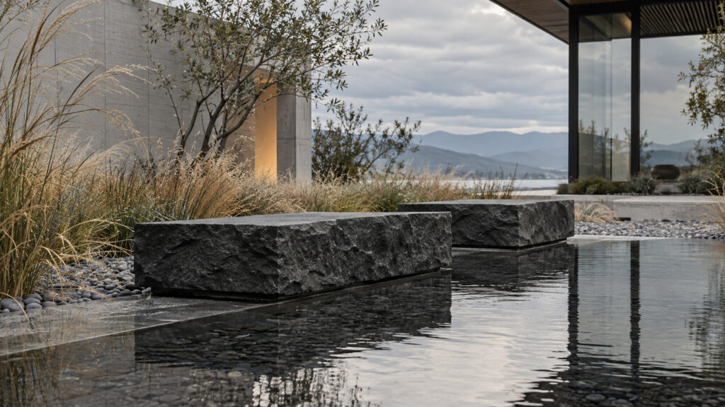 Modern reflecting pool with stone benches overlooking mountains