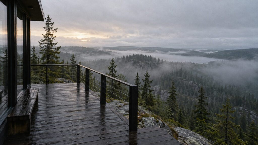 Rainy cabin deck overlooks misty forested mountains at dawn.