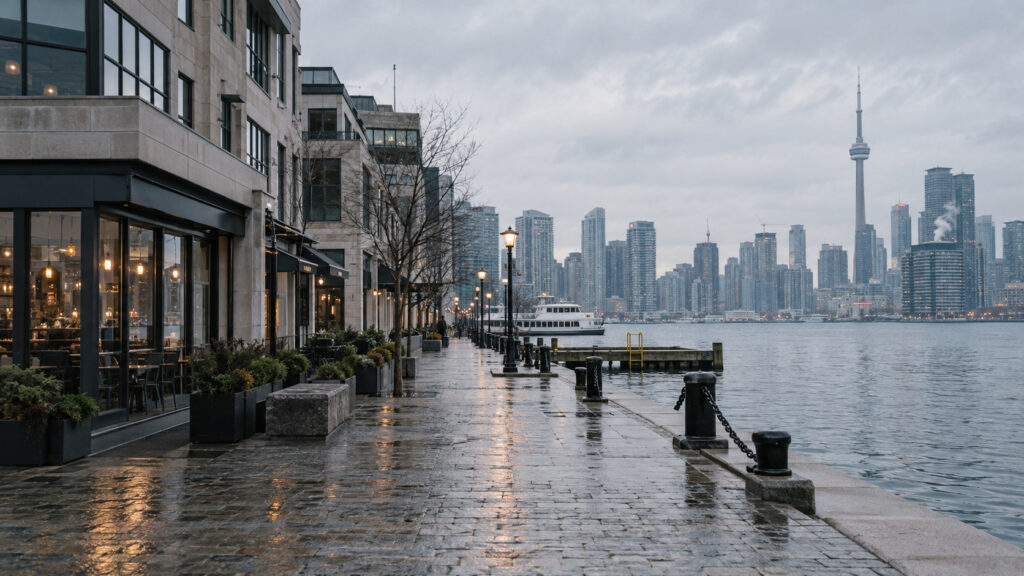 Rainy Toronto waterfront promenade with CN Tower skyline