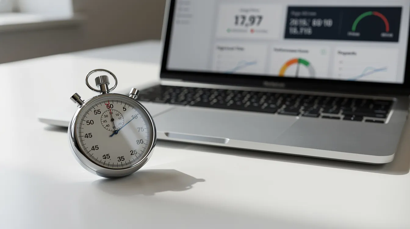 A close-up image of a stopwatch placed next to a laptop, which displays website speed metrics, emphasizing the importance of performance in Shopify development services for online stores. This visual highlights the connection between timely project delivery and customer satisfaction in e-commerce development.