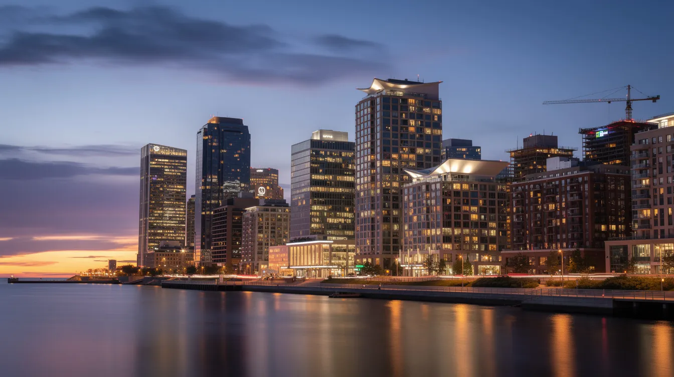 The image depicts a modern Canadian city skyline at dusk, showcasing glowing office towers reflecting in the waterfront. This vibrant scene highlights the city's digital transformation and technological advancements, reminiscent of the best web development companies in Canada that offer innovative web development services and custom software solutions.