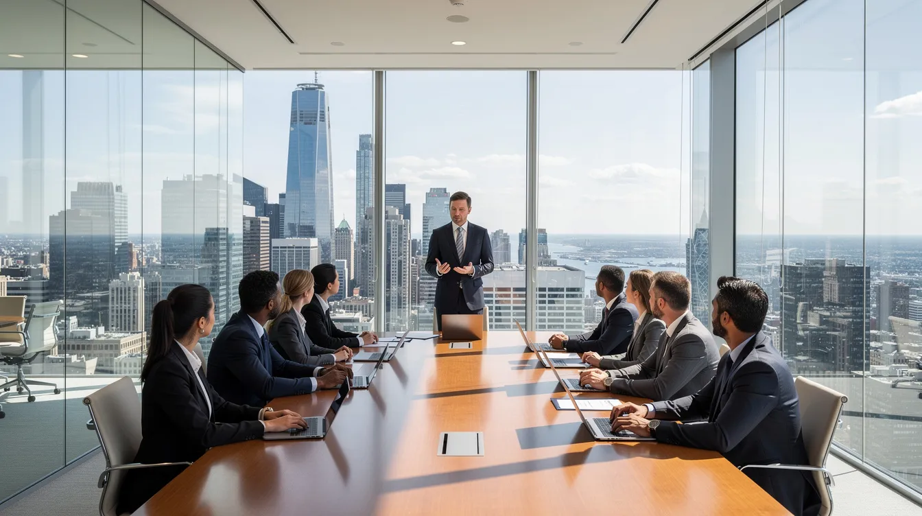 The image depicts a professional business meeting taking place in a glass-walled conference room, showcasing a panoramic city view. A diverse development team is engaged in discussion, highlighting their collaboration on web development services and digital solutions tailored to meet business objectives.