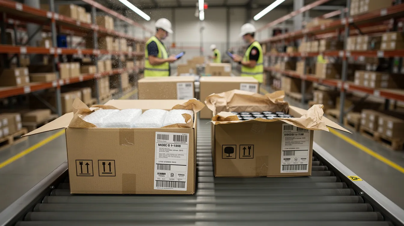 The image shows a series of cardboard shipping boxes moving along a conveyor belt in a warehouse, where products are being organized and prepared for delivery. This scene reflects the operational side of e-commerce businesses, highlighting the importance of efficient inventory management for small business websites.