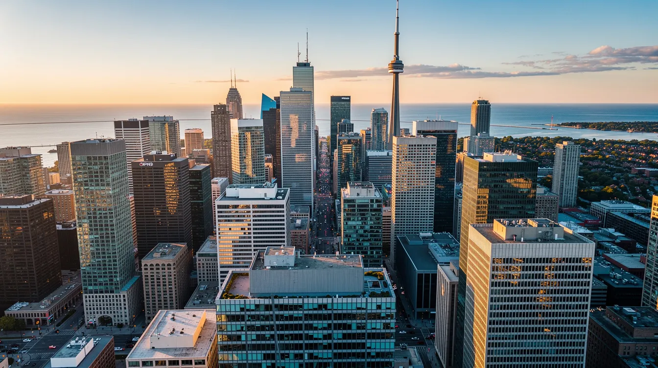 An aerial view of Toronto's downtown skyline showcases modern glass office buildings with the iconic CN Tower prominently in the background. This vibrant cityscape reflects the thriving business environment, including top Shopify development companies that contribute to e-commerce growth through tailored solutions and ongoing support.